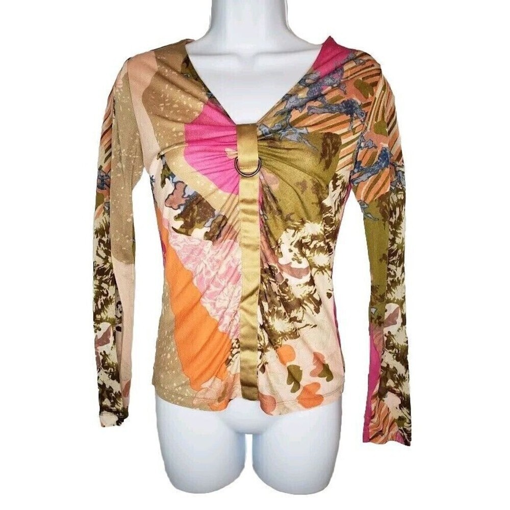 Lynn Ritchie (100% Silk) Colorful Abstract Floral Long Sleeve SHIRT BLOUSE (XS)
